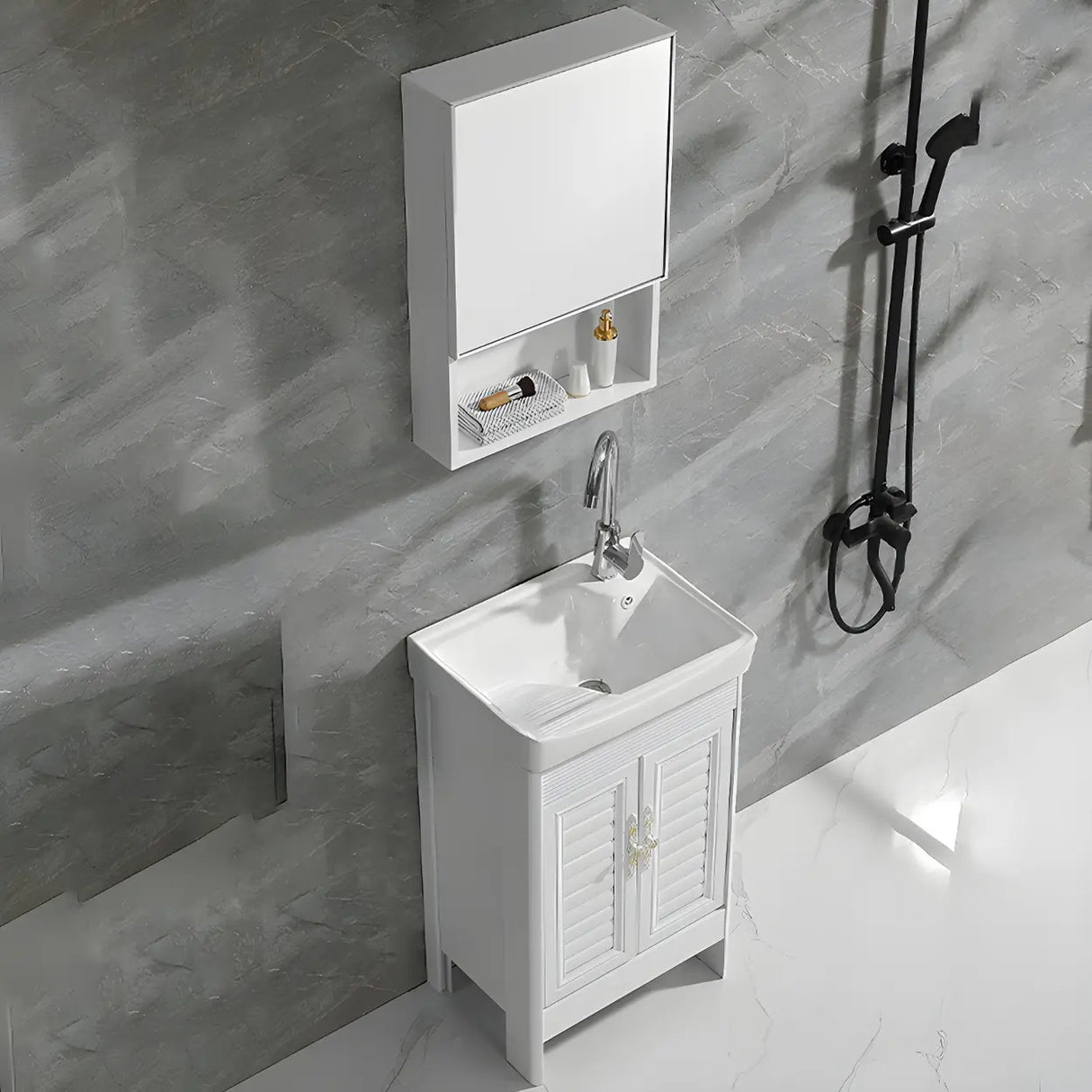 Sleek White Freestanding Sink Glam Bath Vanity with Doors Image - 2