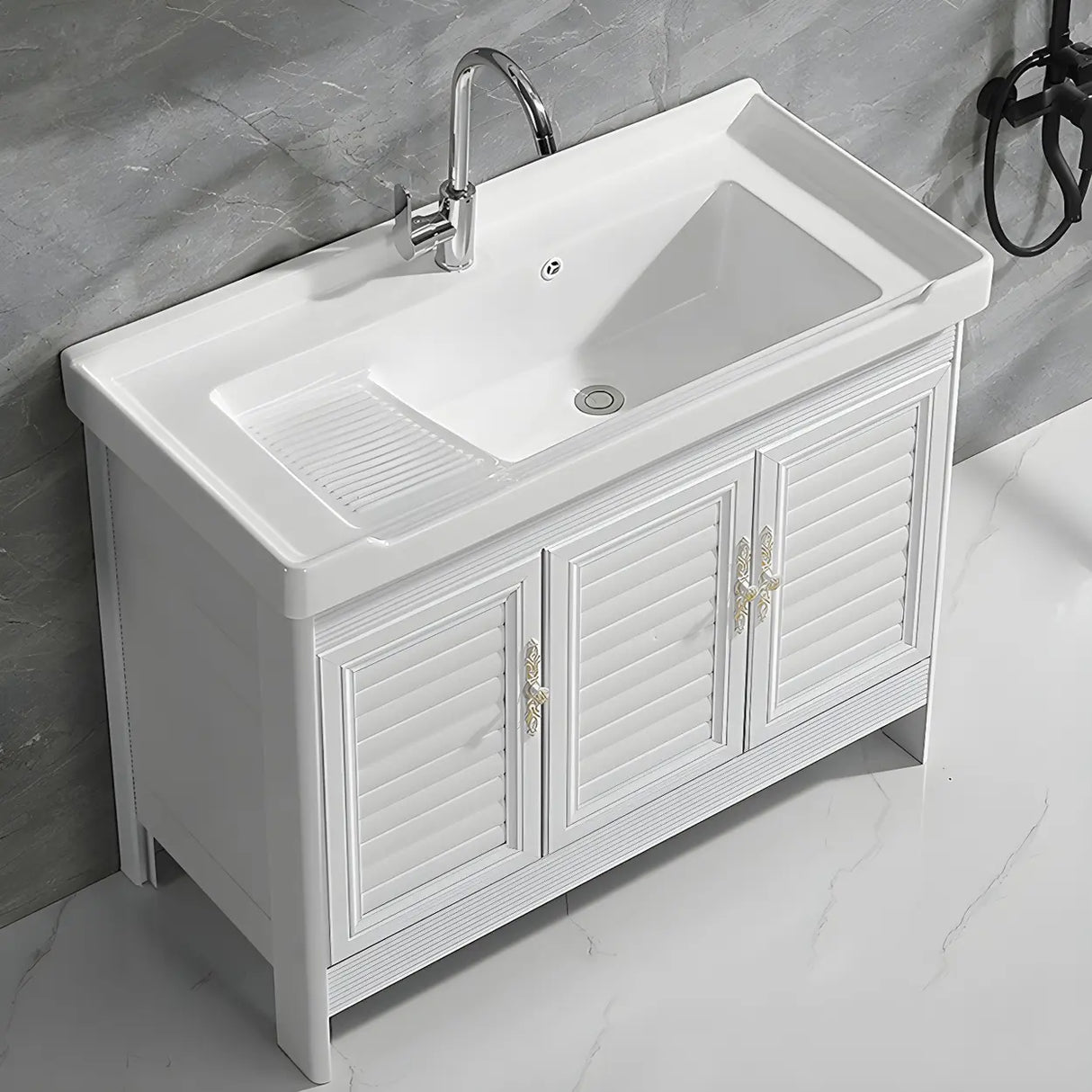 Sleek White Freestanding Sink Glam Bath Vanity with Doors Image - 4