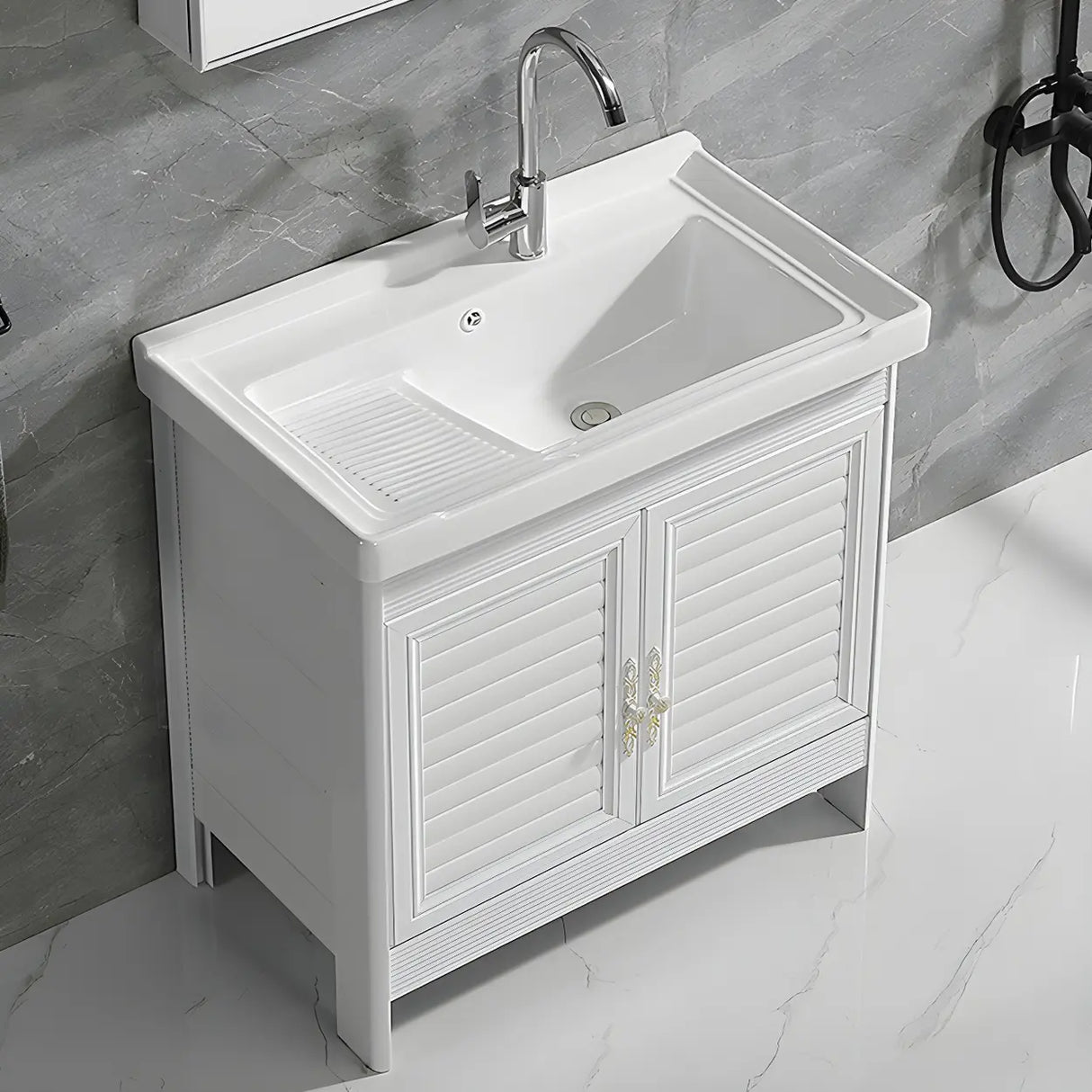 Sleek White Freestanding Sink Glam Bath Vanity with Doors Image - 5