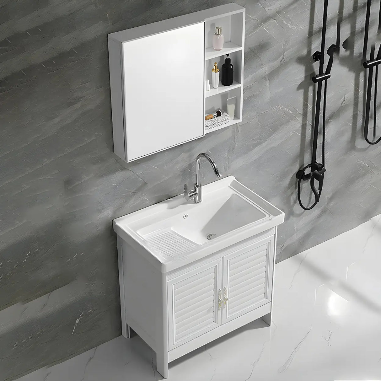 Sleek White Freestanding Sink Glam Bath Vanity with Doors Image - 6