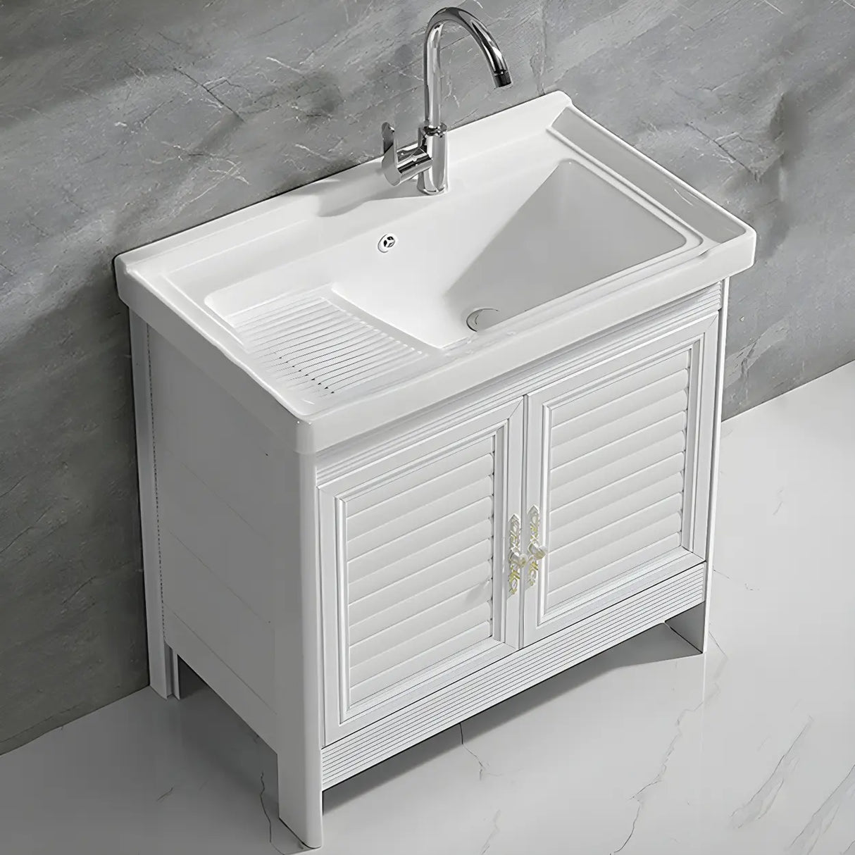 Sleek White Freestanding Sink Glam Bath Vanity with Doors Image - 7