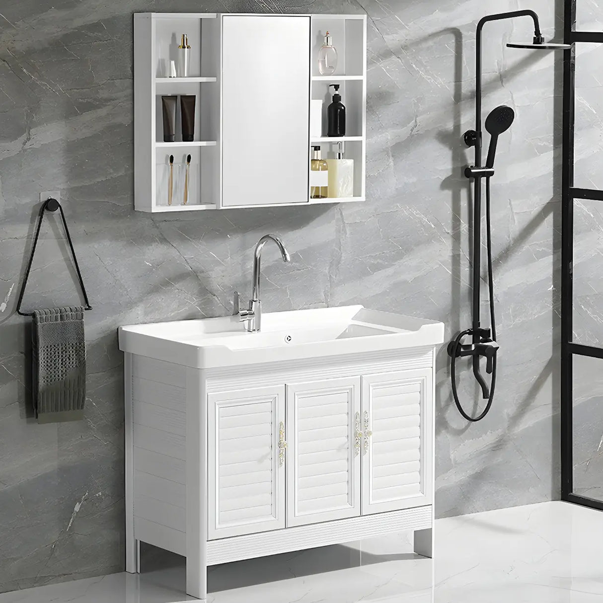 Sleek White Freestanding Sink Glam Bath Vanity with Doors Image - 8