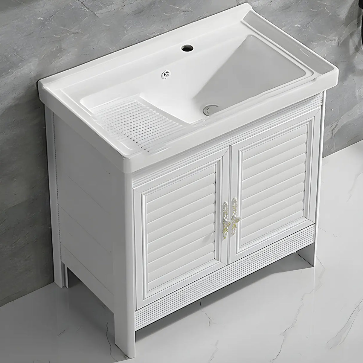 Sleek White Freestanding Sink Glam Bath Vanity with Doors Image - 9