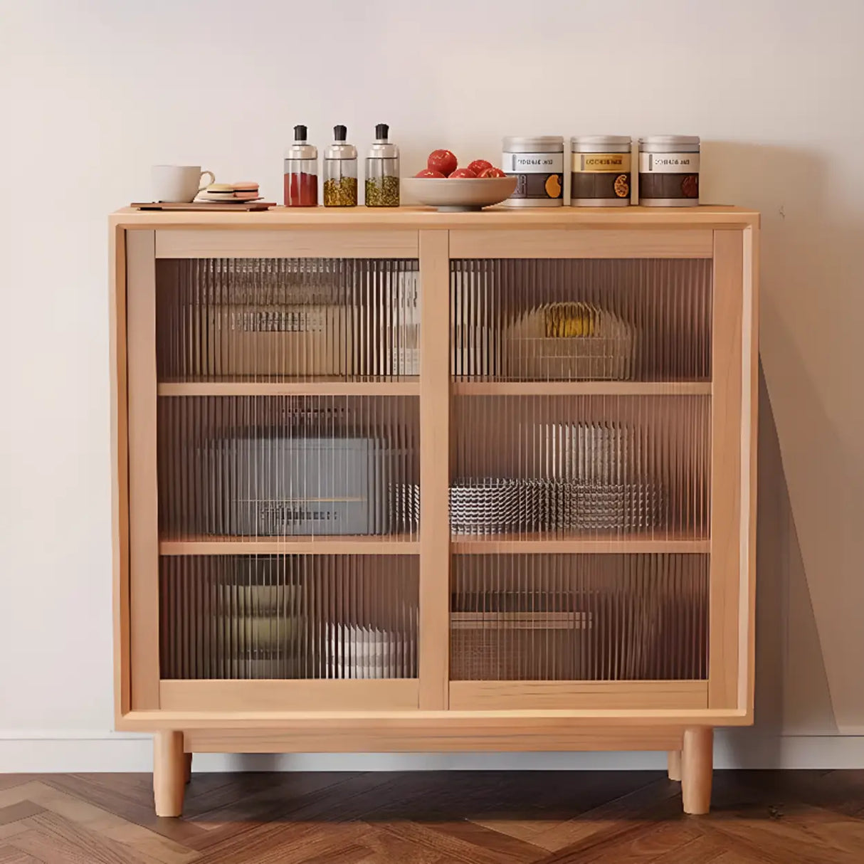 Sleek Wood Walnut Medium Clear Doors Storage Sideboard Image - 11