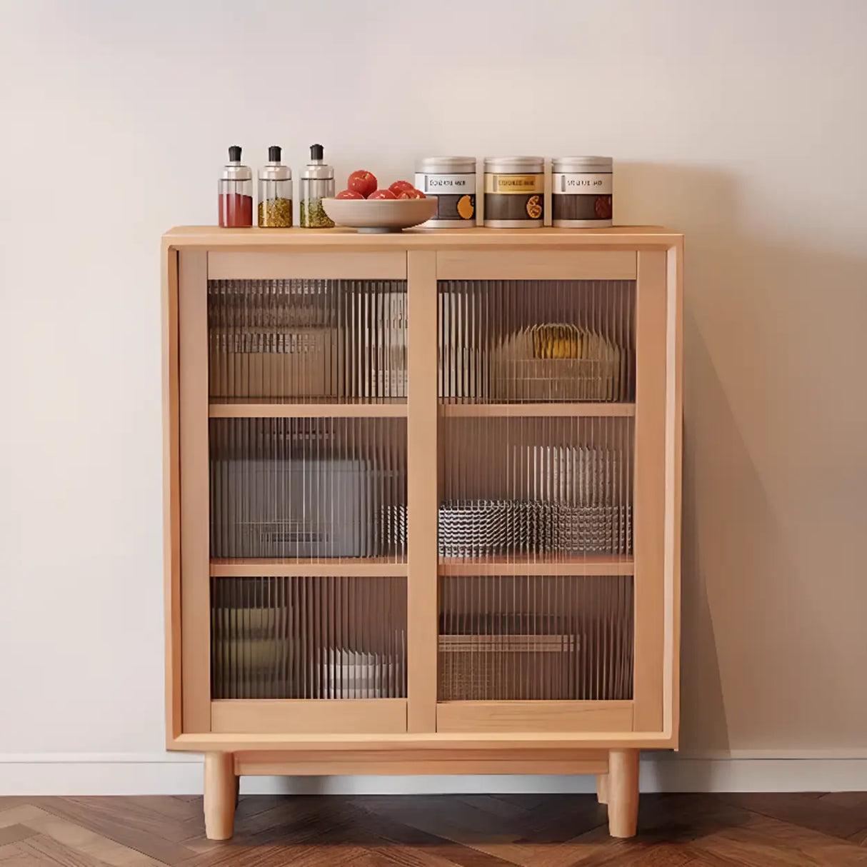 Sleek Wood Walnut Medium Clear Doors Storage Sideboard Image - 15