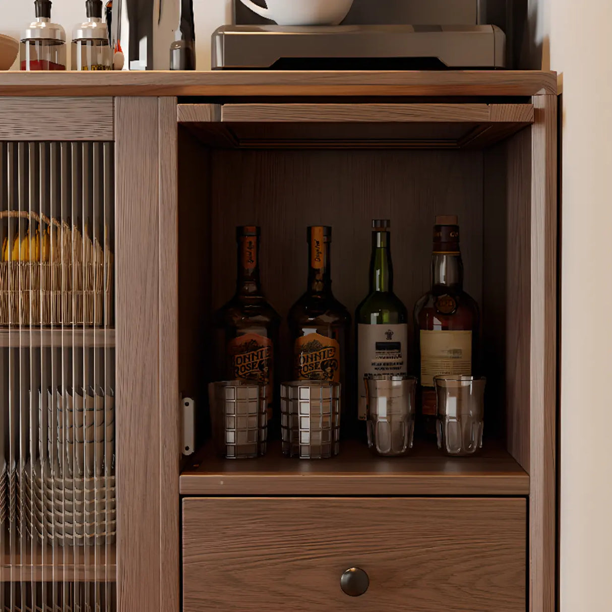 Sleek Wood Walnut Medium Clear Doors Storage Sideboard Image - 16