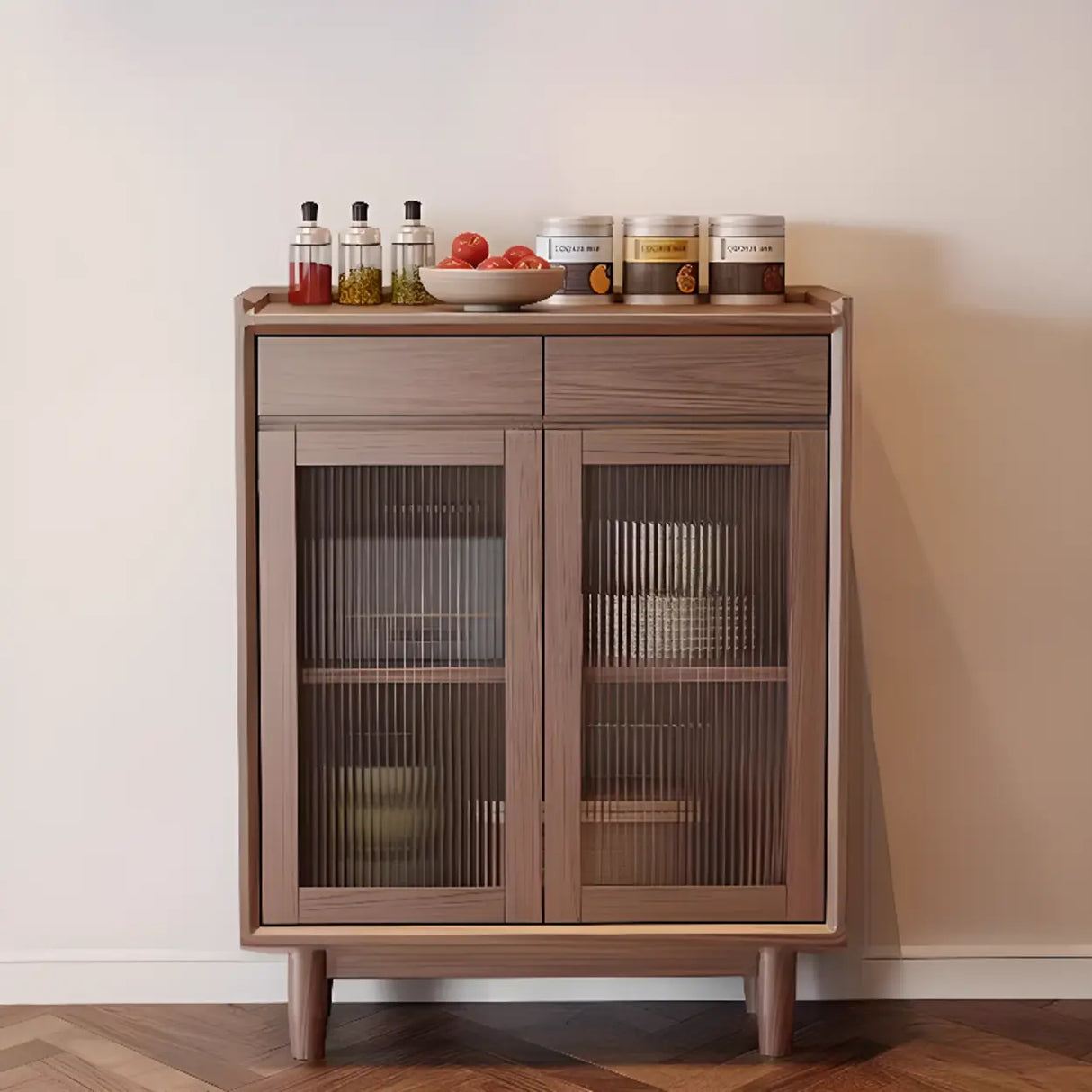 Sleek Wood Walnut Medium Clear Doors Storage Sideboard Image - 17