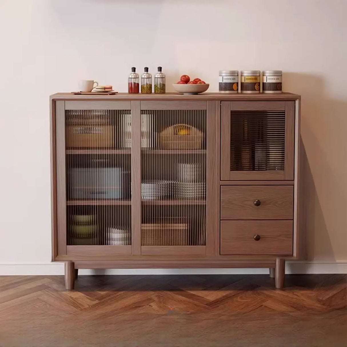 Sleek Wood Walnut Medium Clear Doors Storage Sideboard Image - 2