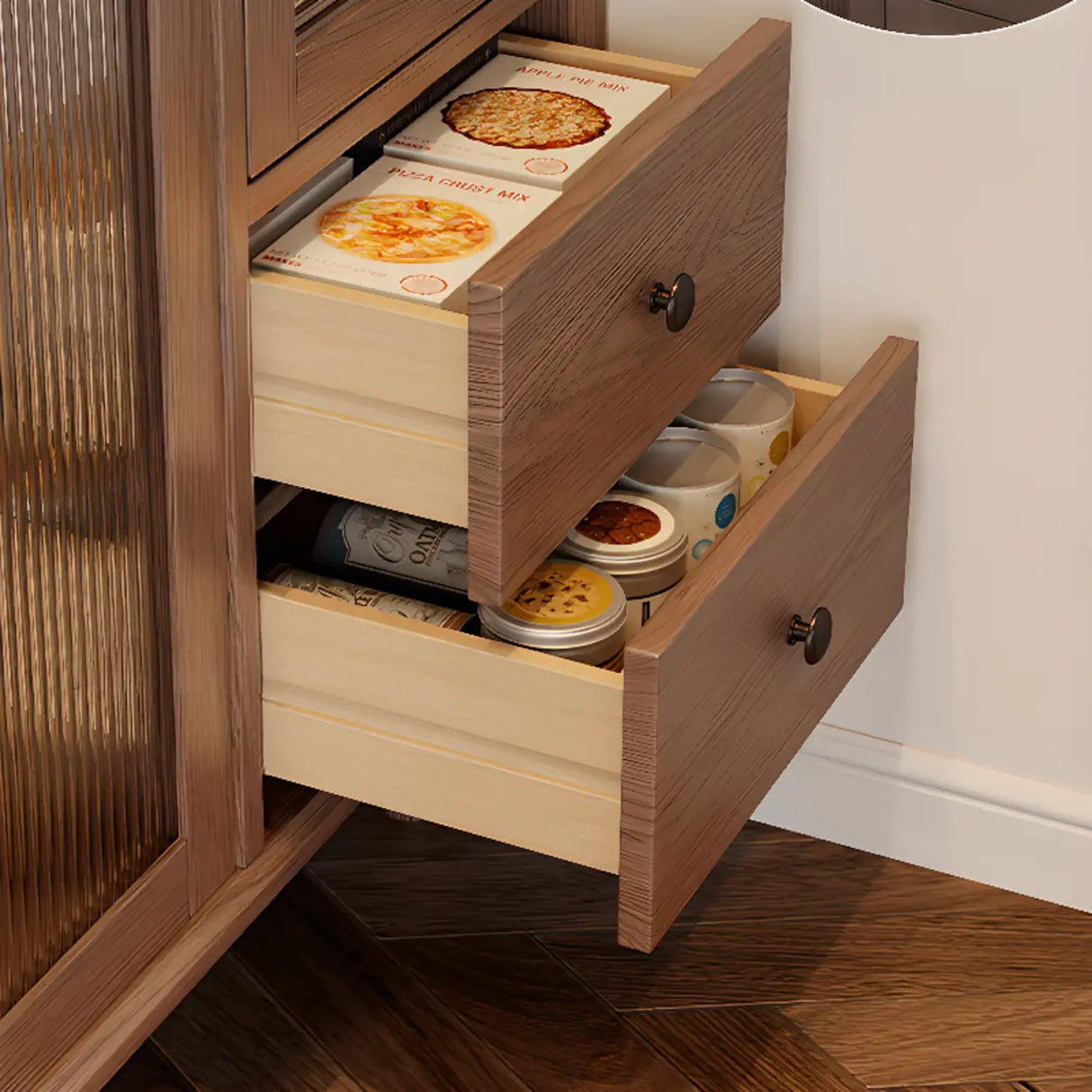 Sleek Wood Walnut Medium Clear Doors Storage Sideboard Image - 8