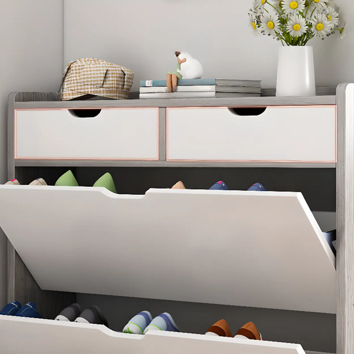 Sliding Wood Hallway Grey Closed Back Shoe Storage Cabinet Image - 10