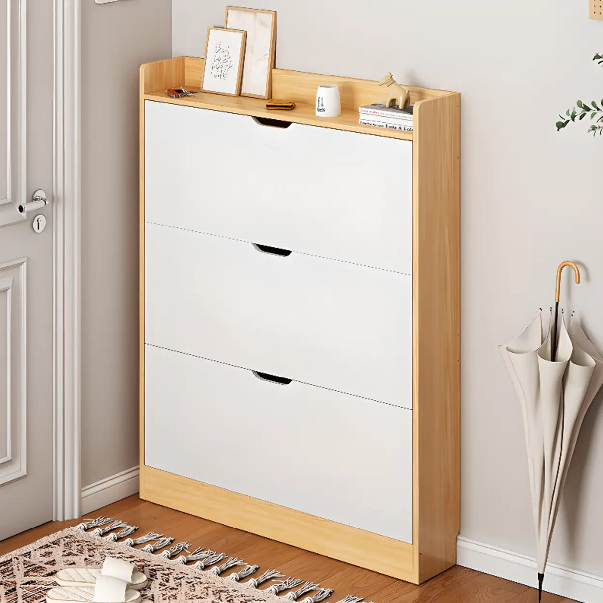 Sliding Wood Hallway Grey Closed Back Shoe Storage Cabinet Image - 12
