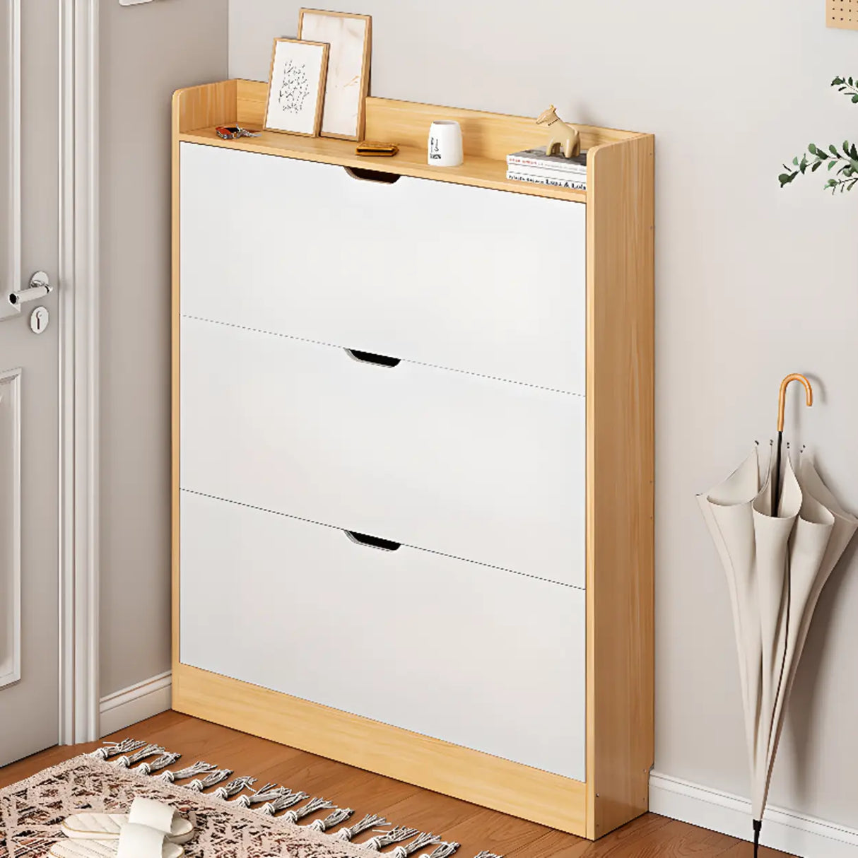 Sliding Wood Hallway Grey Closed Back Shoe Storage Cabinet Image - 14