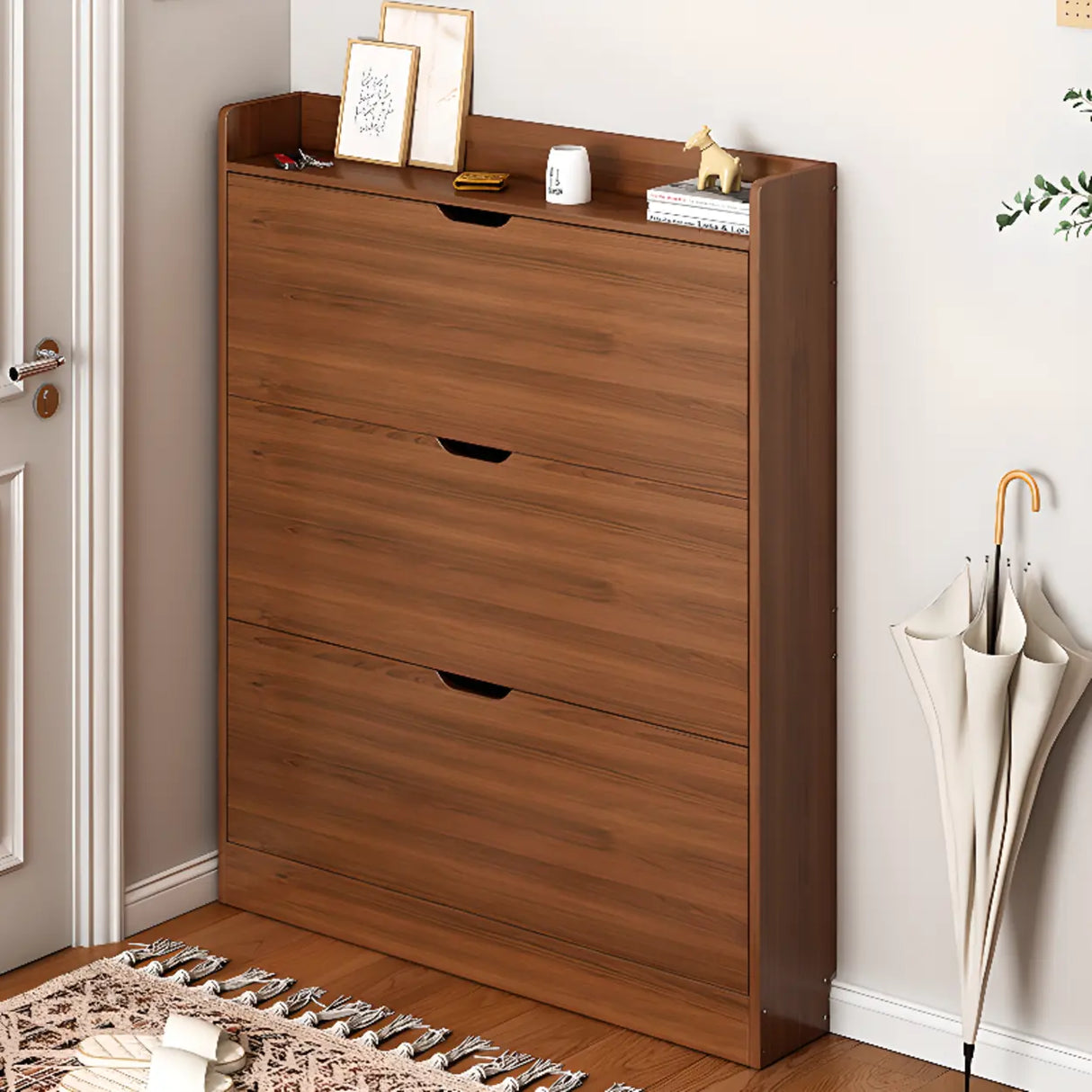 Sliding Wood Hallway Grey Closed Back Shoe Storage Cabinet Image - 15