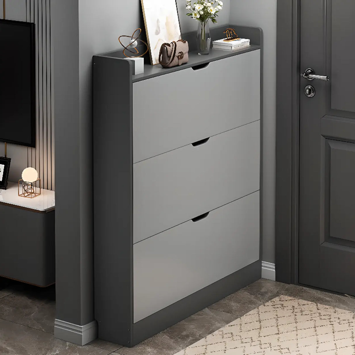 Sliding Wood Hallway Grey Closed Back Shoe Storage Cabinet Image - 17