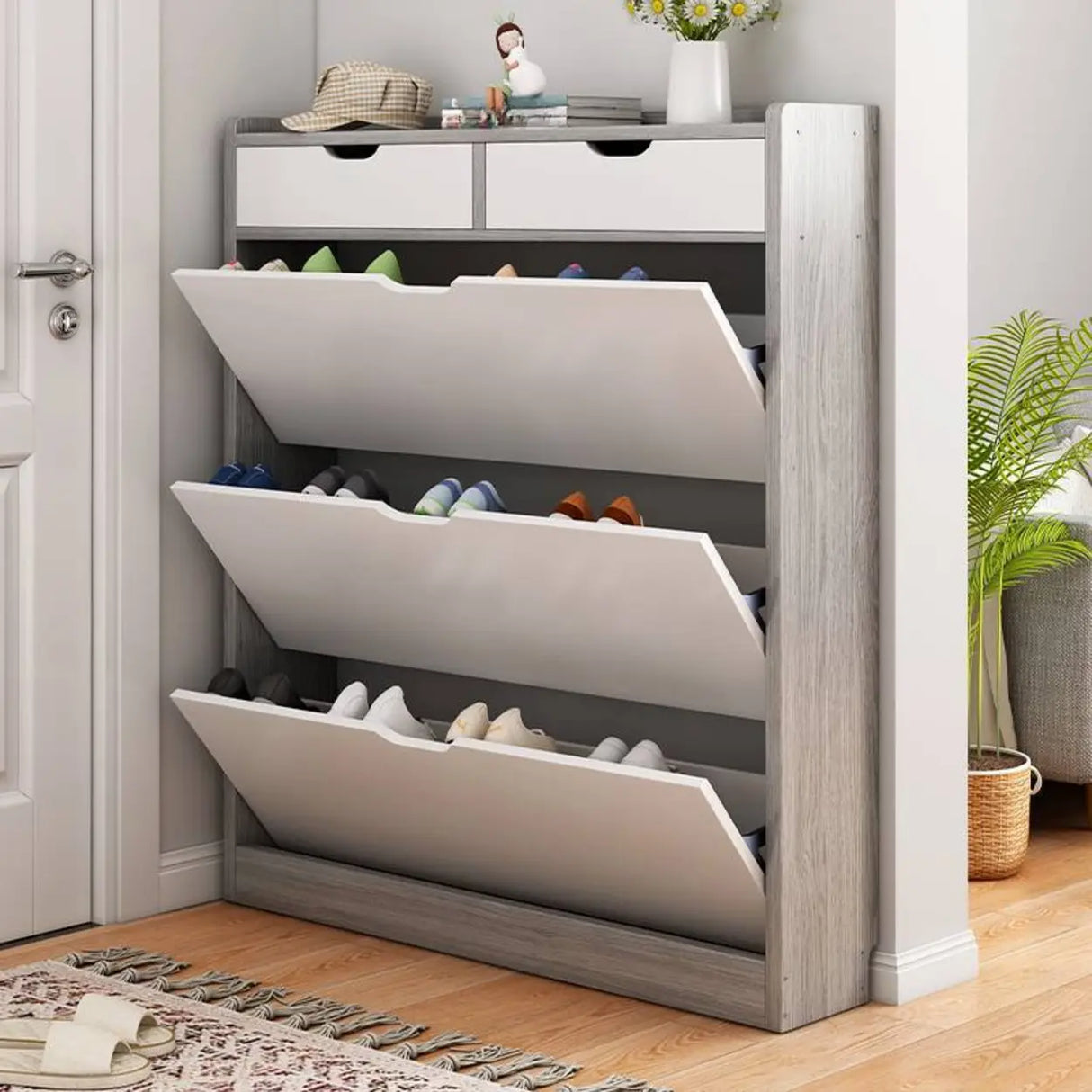 Sliding Wood Hallway Grey Closed Back Shoe Storage Cabinet Image - 1