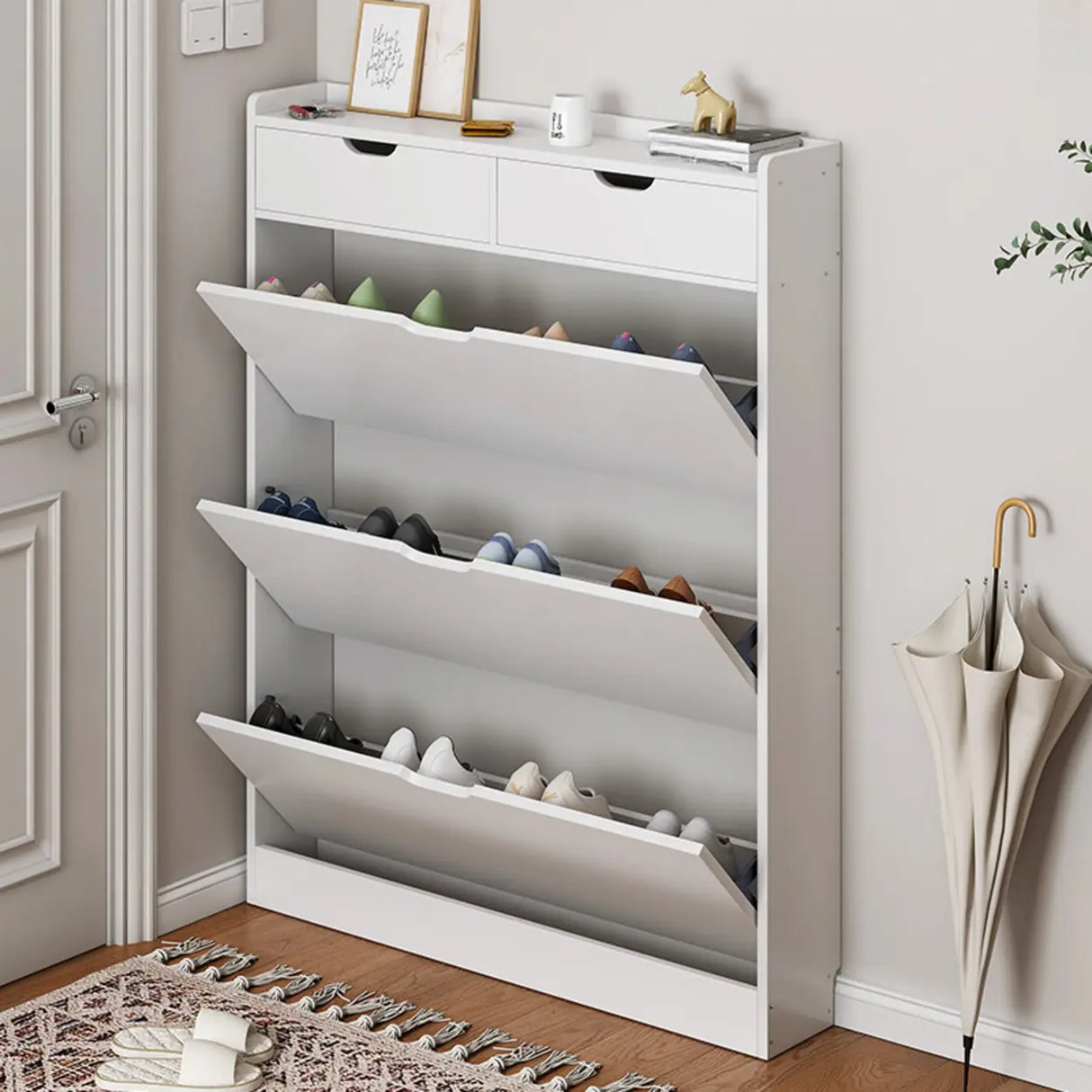 Sliding Wood Hallway Grey Closed Back Shoe Storage Cabinet Image - 2