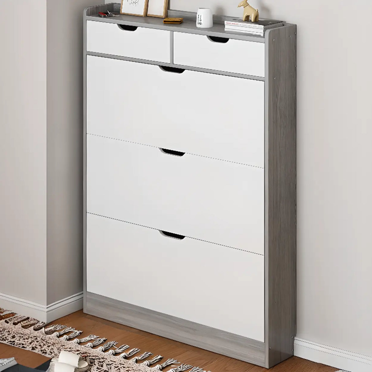 Sliding Wood Hallway Grey Closed Back Shoe Storage Cabinet Image - 3