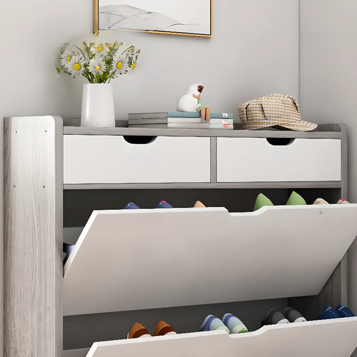 Sliding Wood Hallway Grey Closed Back Shoe Storage Cabinet Image - 6
