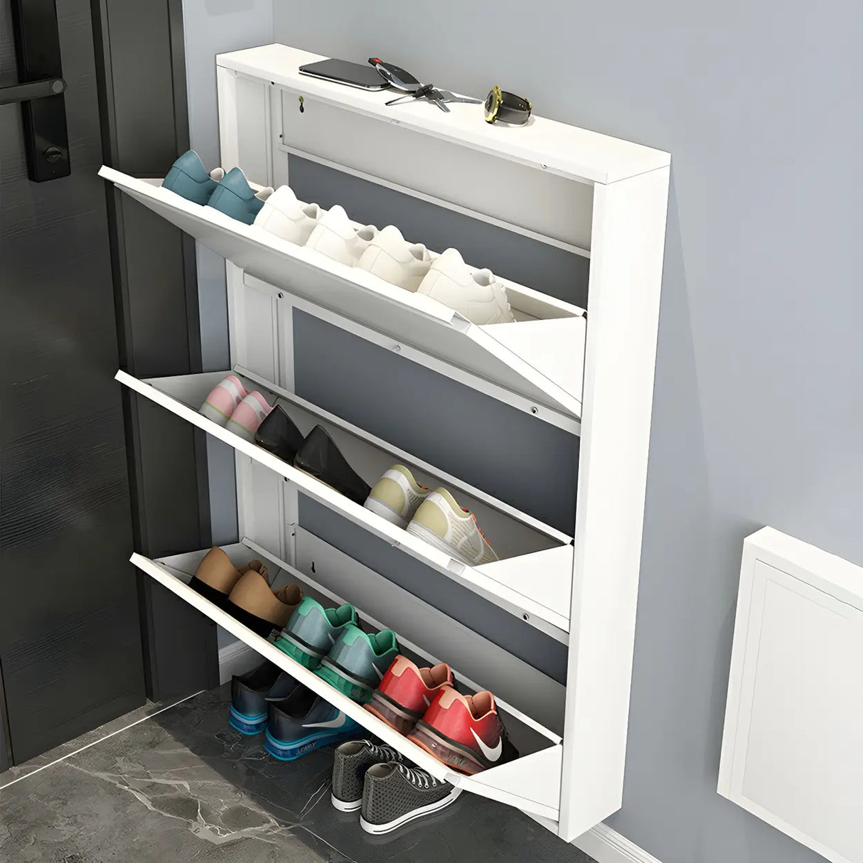 Slim Metal Wall-Mounted White Drop Front Shoe Rack Cabinet Image - 1