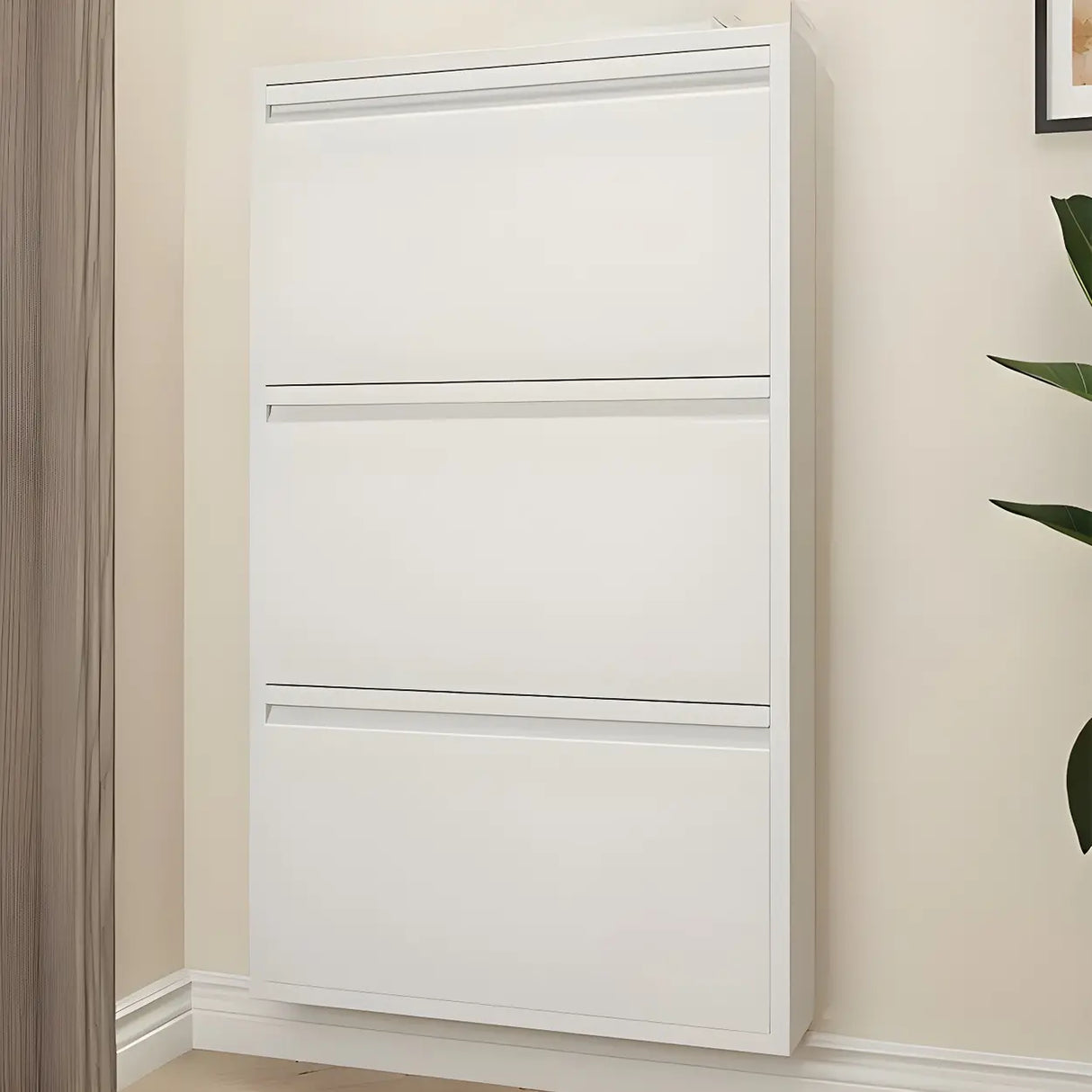 Slim Metal Wall-Mounted White Drop Front Shoe Rack Cabinet Image - 10