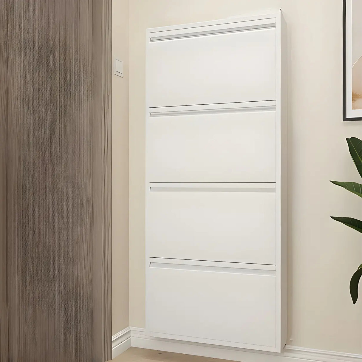 Slim Metal Wall-Mounted White Drop Front Shoe Rack Cabinet Image - 11