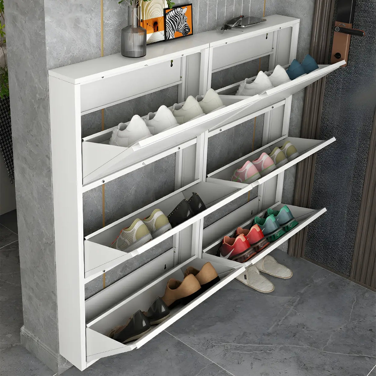 Slim Metal Wall-Mounted White Drop Front Shoe Rack Cabinet Image - 2
