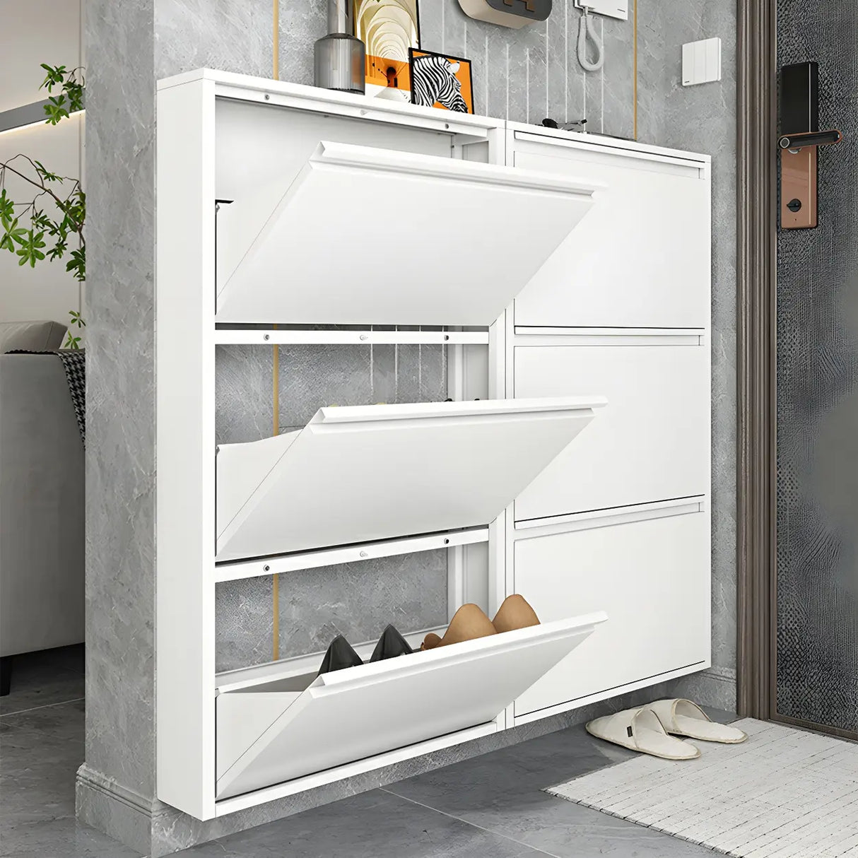 Slim Metal Wall-Mounted White Drop Front Shoe Rack Cabinet Image - 3