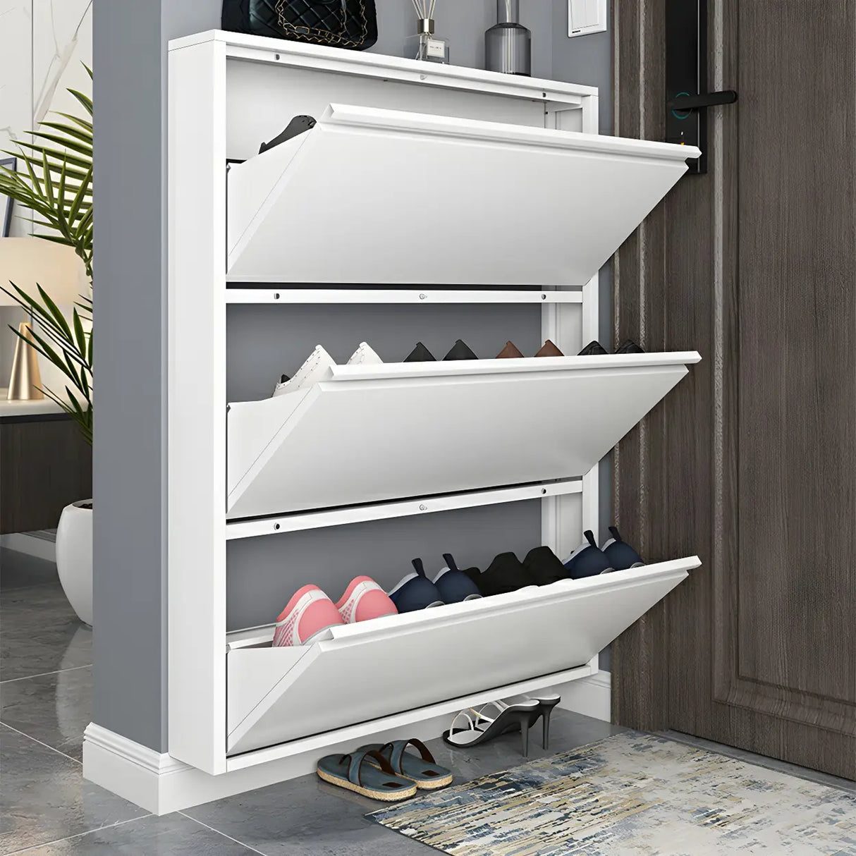 Slim Metal Wall-Mounted White Drop Front Shoe Rack Cabinet Image - 4