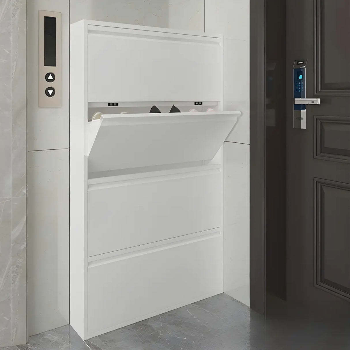 Slim Metal Wall-Mounted White Drop Front Shoe Rack Cabinet Image - 5