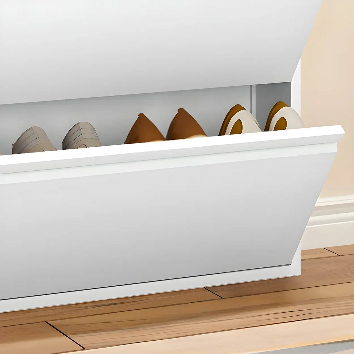 Slim Metal Wall-Mounted White Drop Front Shoe Rack Cabinet Image - 6