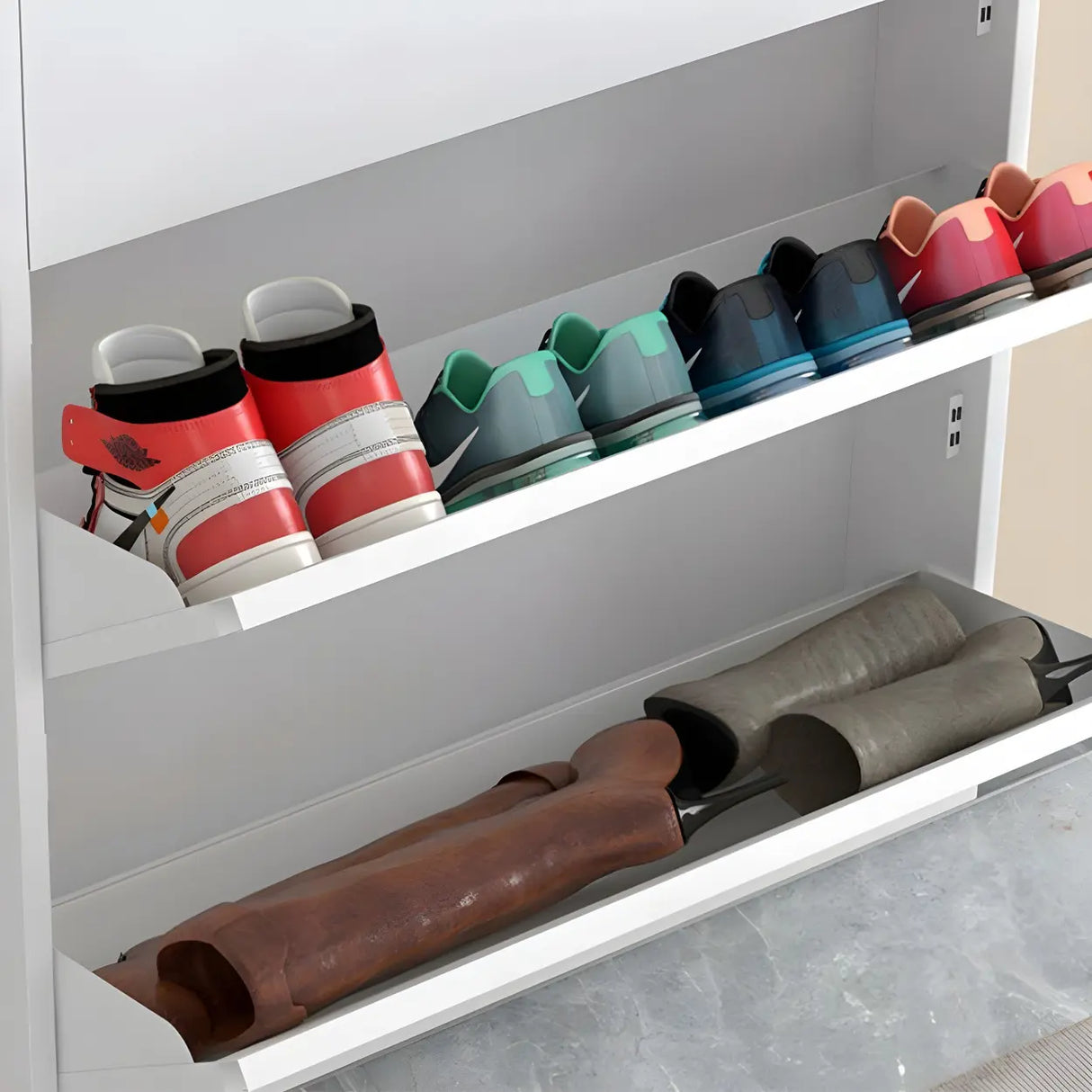 Slim Metal Wall-Mounted White Drop Front Shoe Rack Cabinet Image - 7