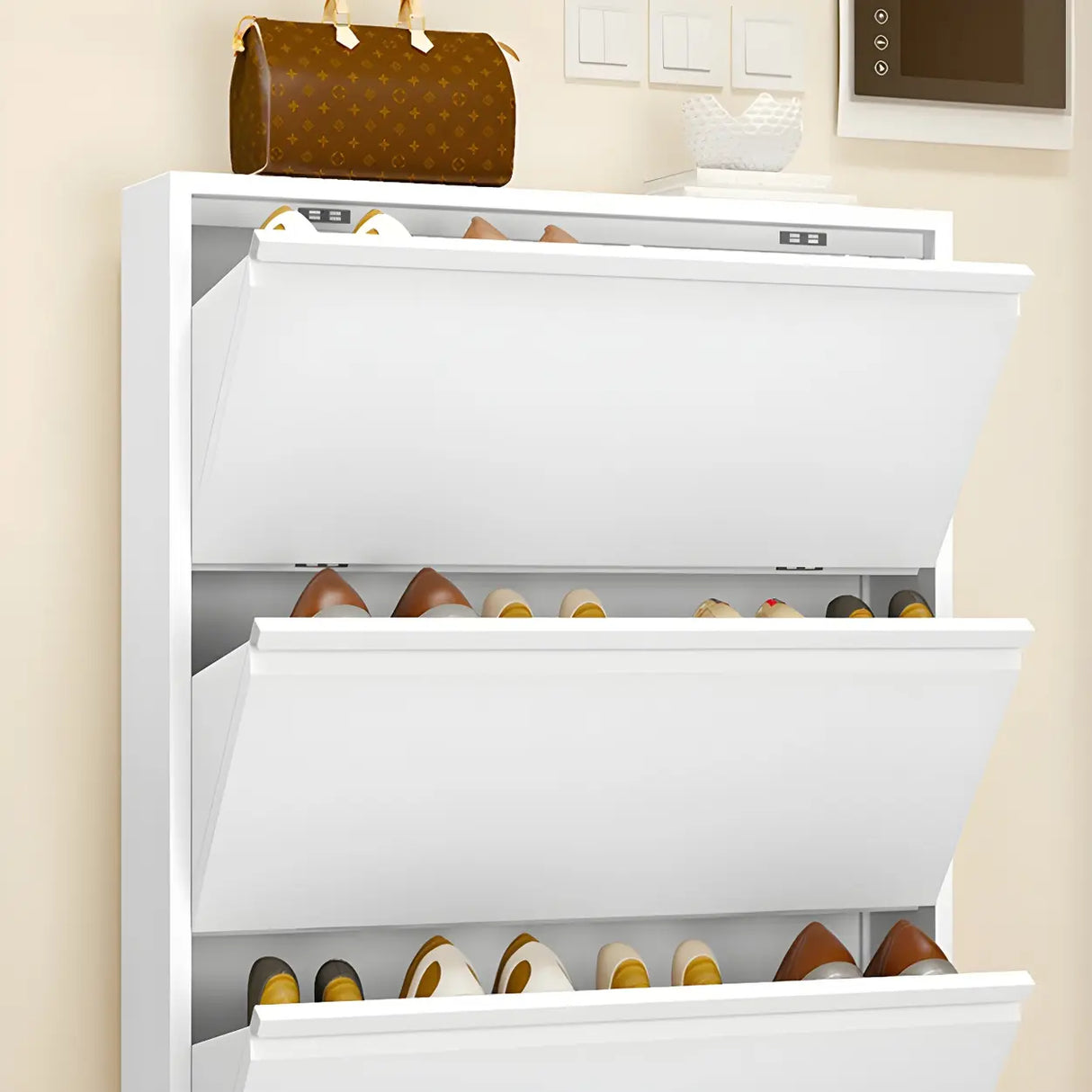 Slim Metal Wall-Mounted White Drop Front Shoe Rack Cabinet Image - 8