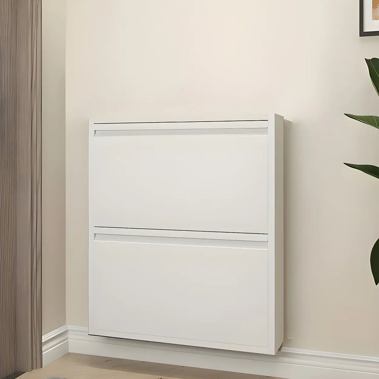 Slim Metal Wall-Mounted White Drop Front Shoe Rack Cabinet Image - 9