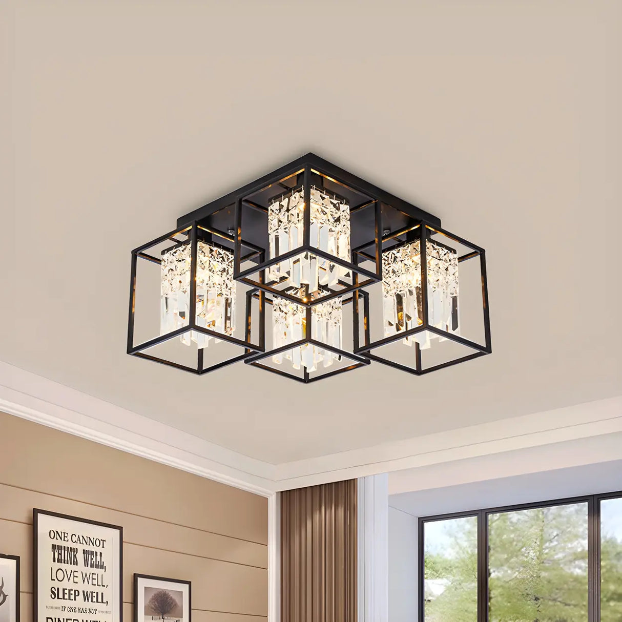 Small Black Frame Cubic Crystal Flush Mount Lamp 4-Head Image - 1