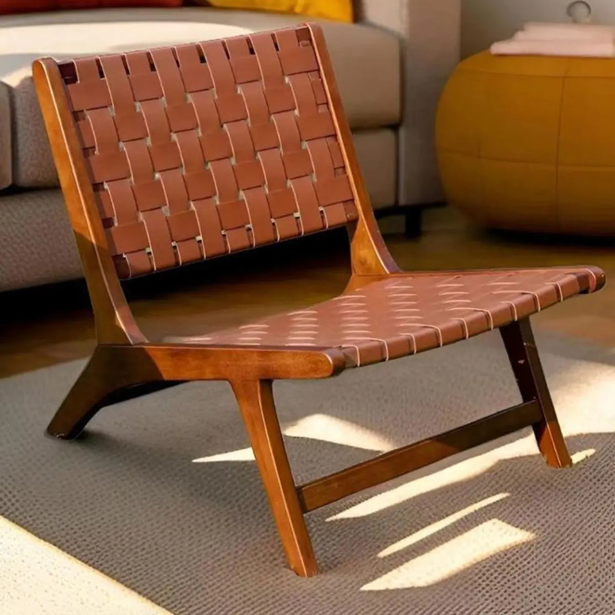 Small Brown Saddle Leather Woven Back Accent Chair Image - 1