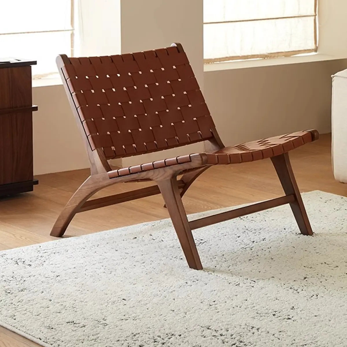 Small Brown Saddle Leather Woven Back Accent Chair Image - 11