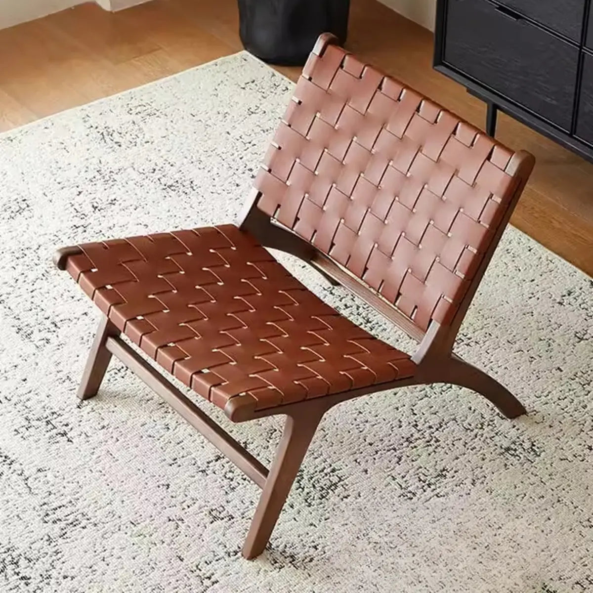 Small Brown Saddle Leather Woven Back Accent Chair Image - 12