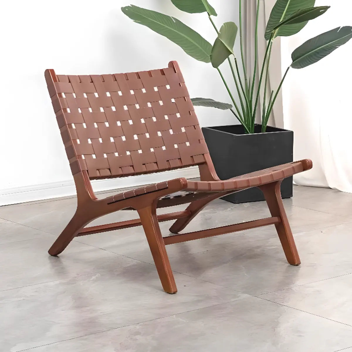 Small Brown Saddle Leather Woven Back Accent Chair Image - 16