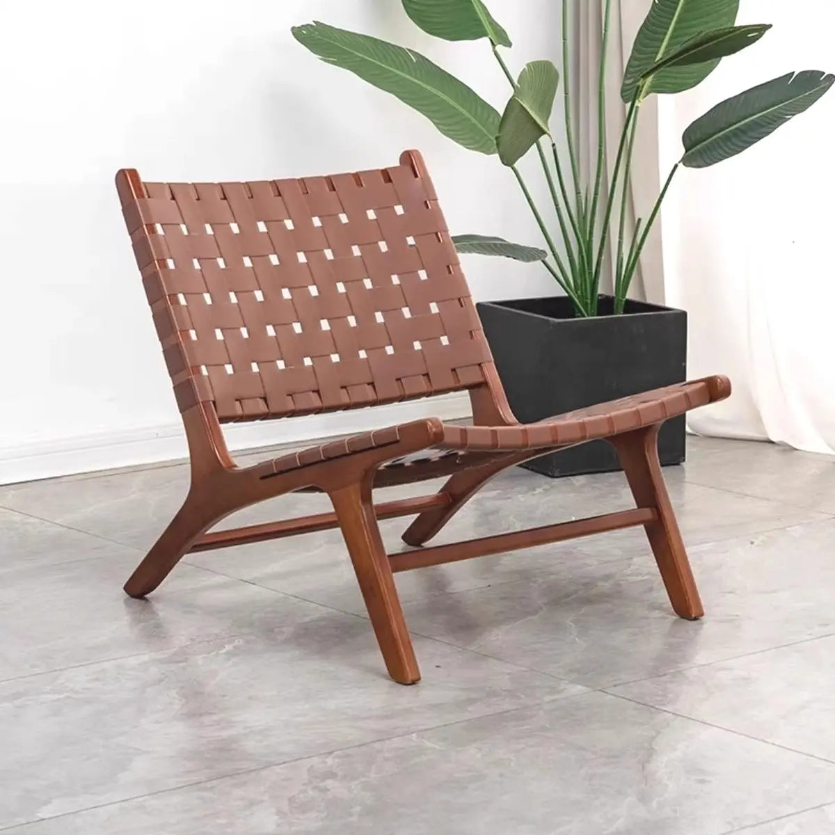 Small Brown Saddle Leather Woven Back Accent Chair Image - 2