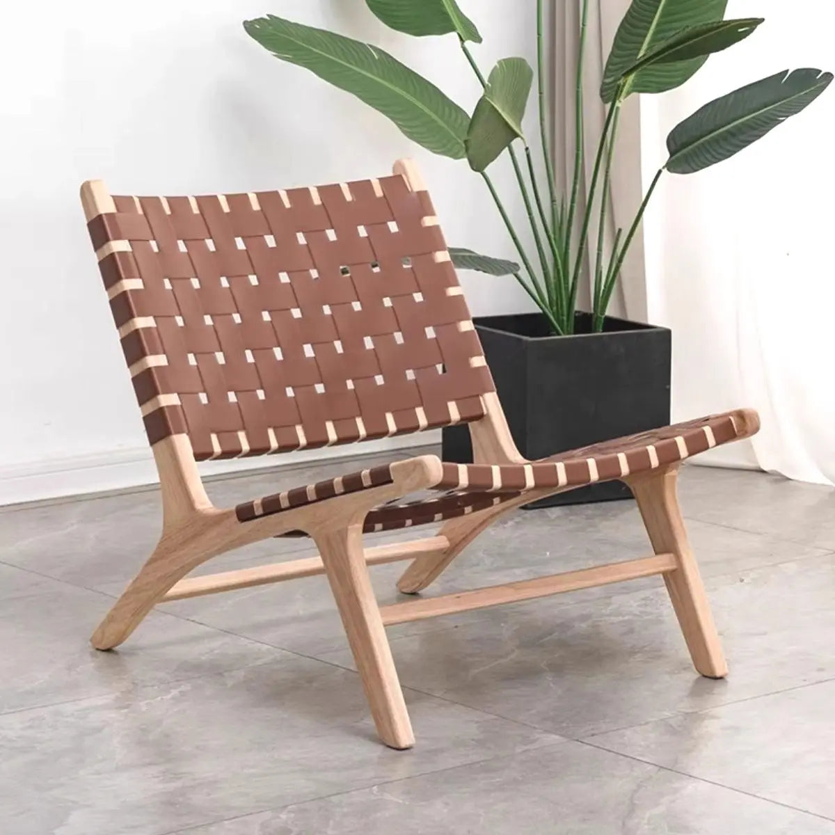 Small Brown Saddle Leather Woven Back Accent Chair Image - 3