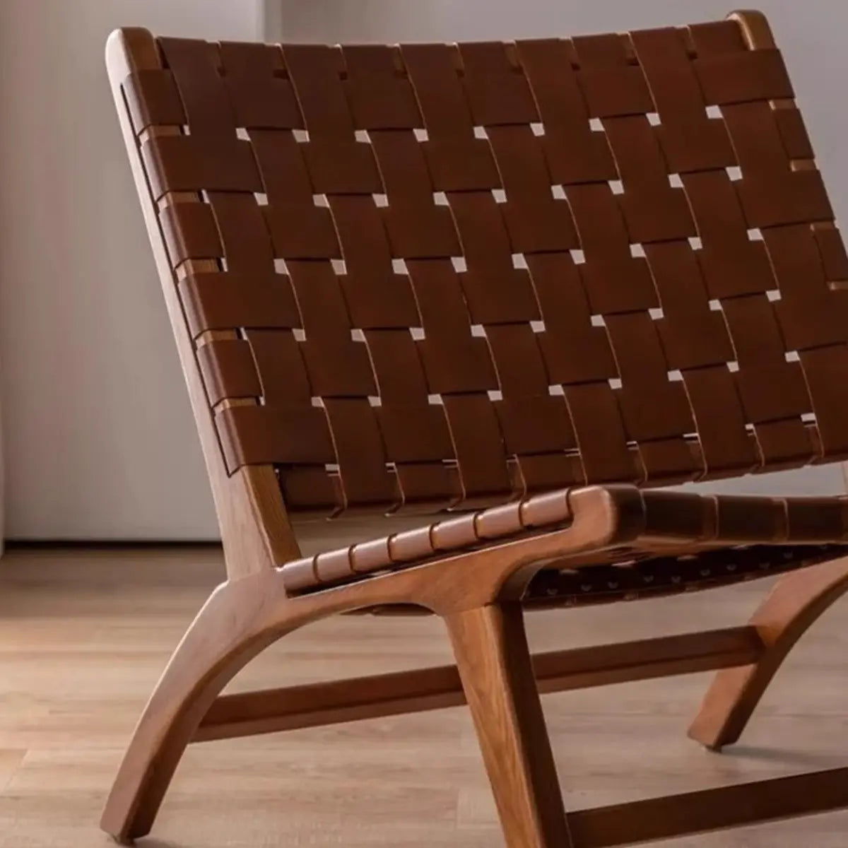 Small Brown Saddle Leather Woven Back Accent Chair Image - 4