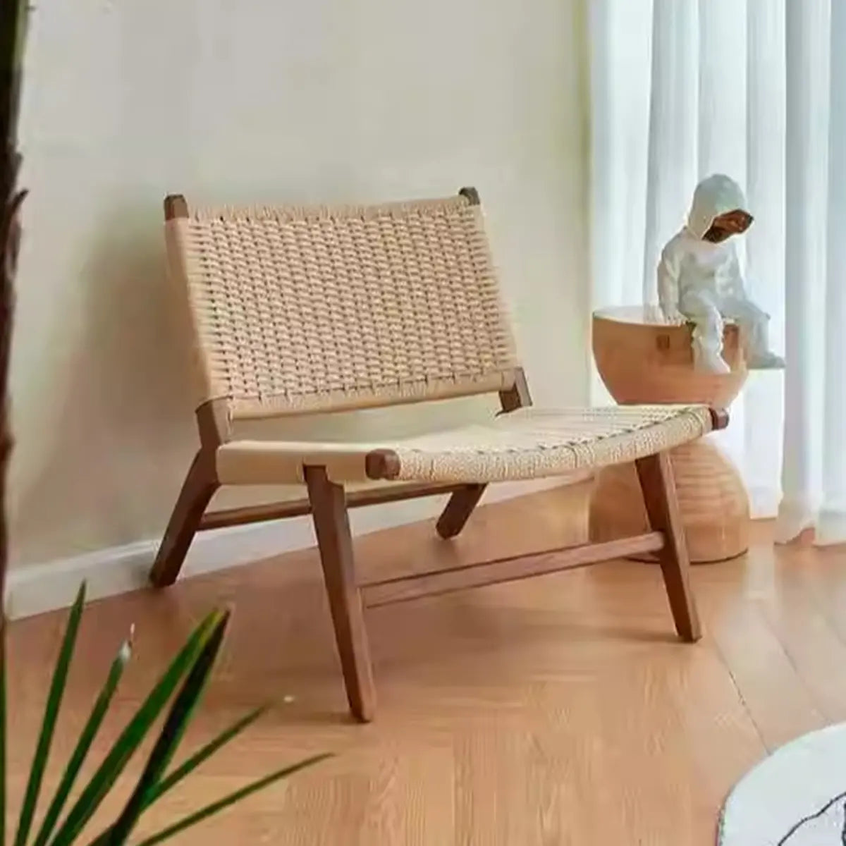 Small Brown Saddle Leather Woven Back Accent Chair Image - 5