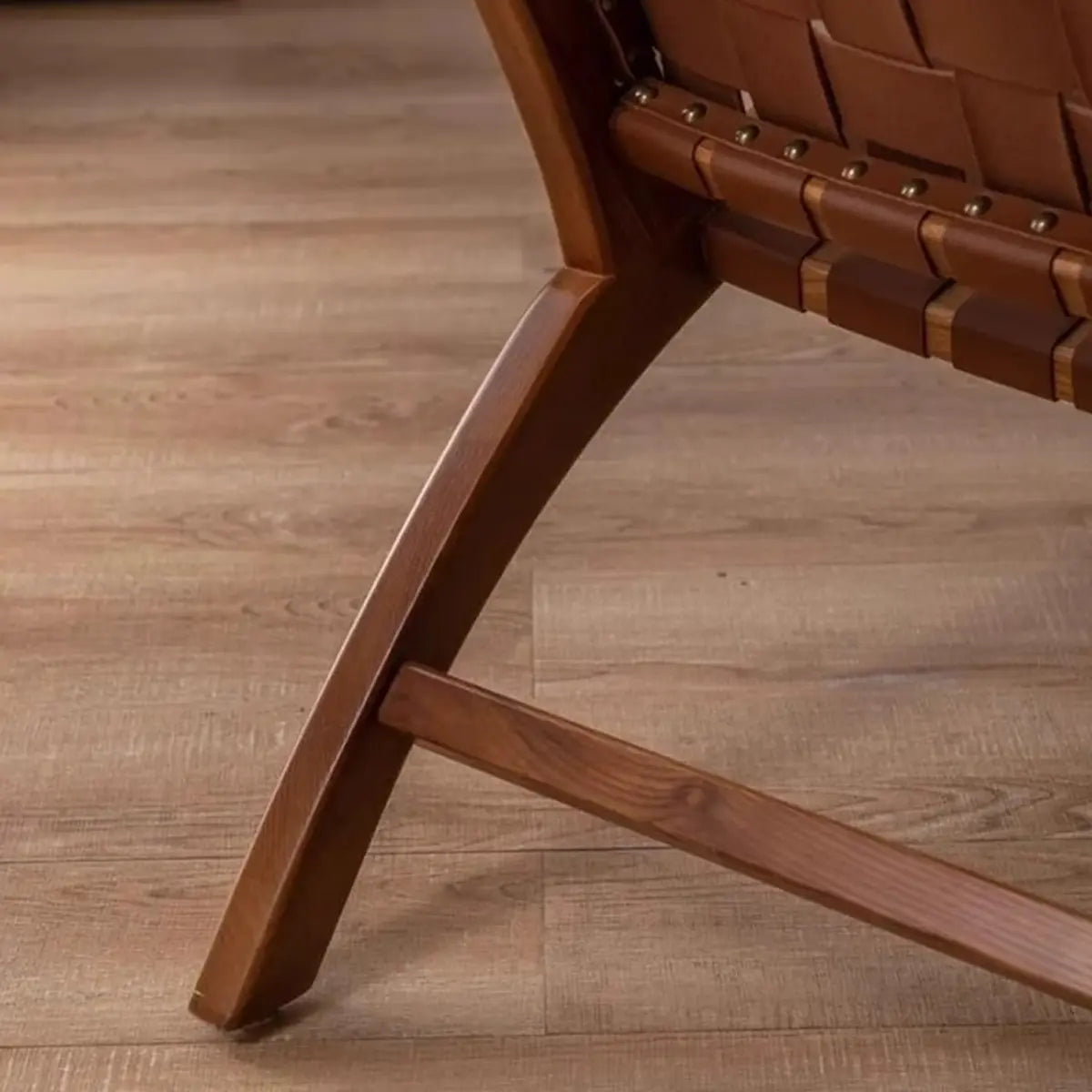 Small Brown Saddle Leather Woven Back Accent Chair Image - 8