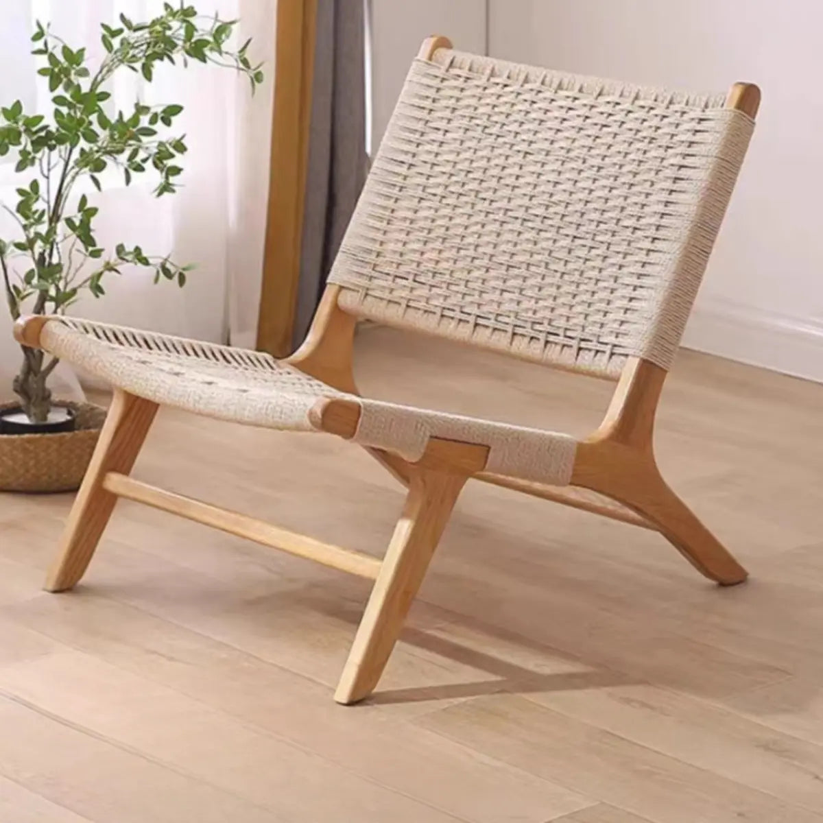 Small Brown Saddle Leather Woven Back Accent Chair Image - 9