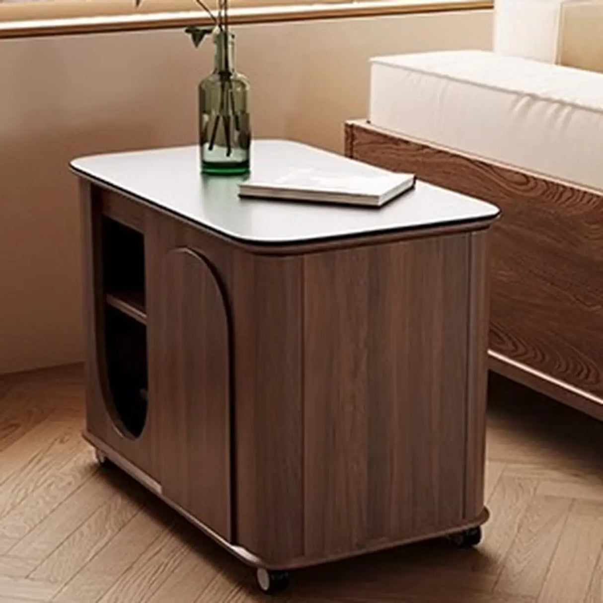 Small Brown Stone Lift Top Coffee Table with Shelves Image - 3