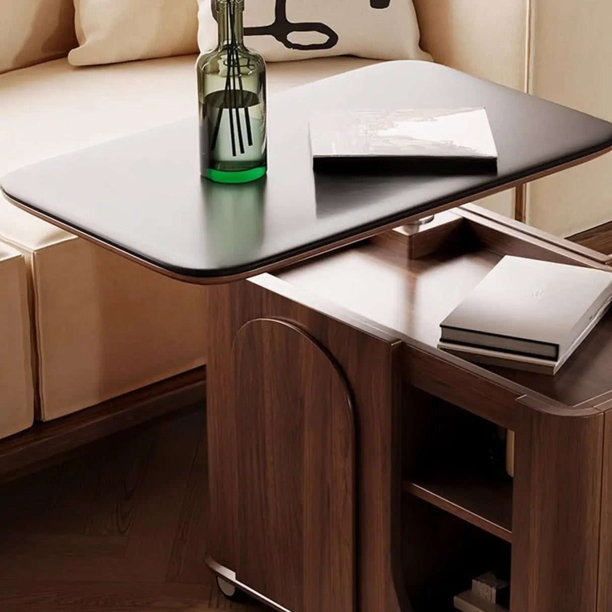 Small Brown Stone Lift Top Coffee Table with Shelves Image - 4