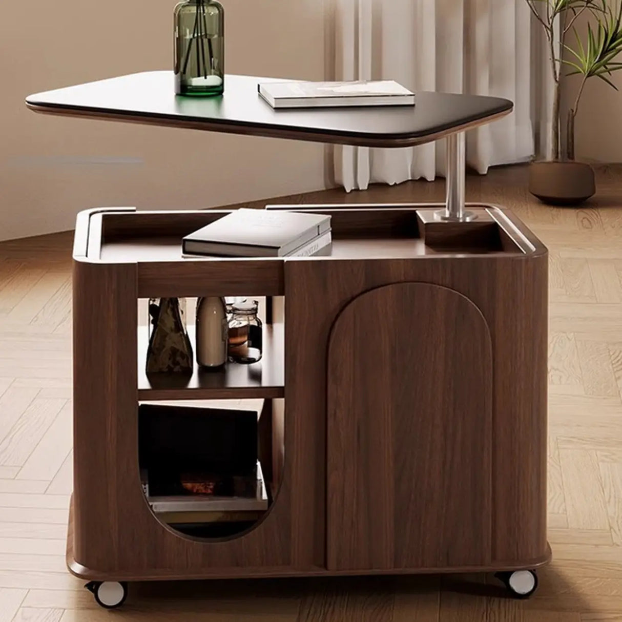 Small Brown Stone Lift Top Coffee Table with Shelves Image - 5