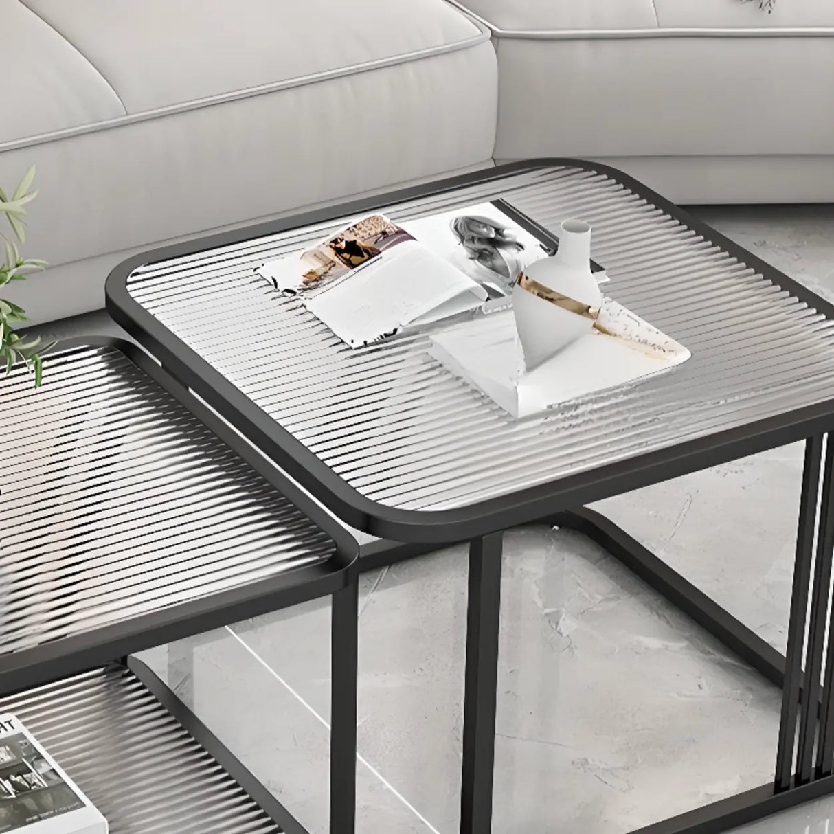 Small Glass Square Top White Metal Frame Coffee Table Image - 10