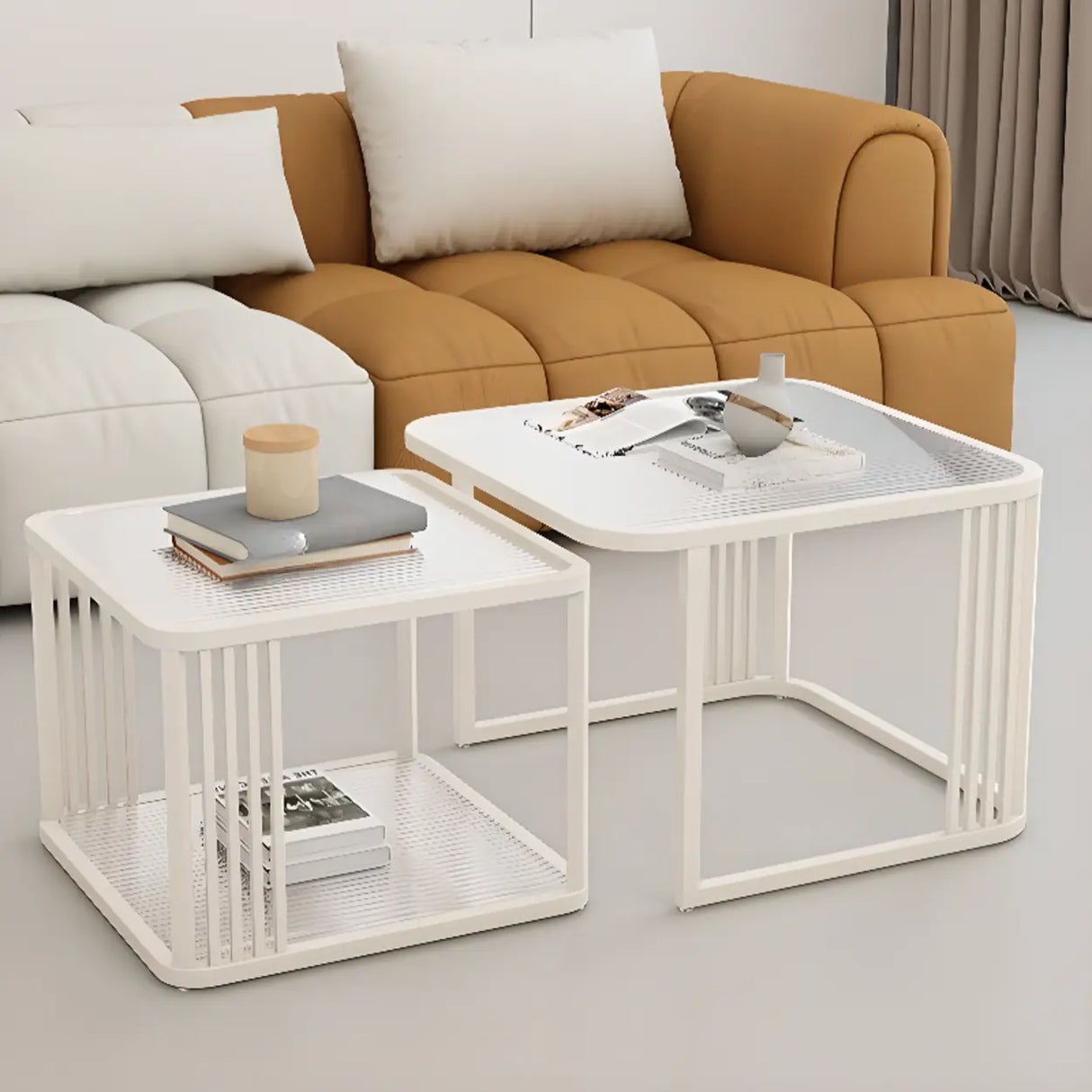 Small Glass Square Top White Metal Frame Coffee Table Image - 1