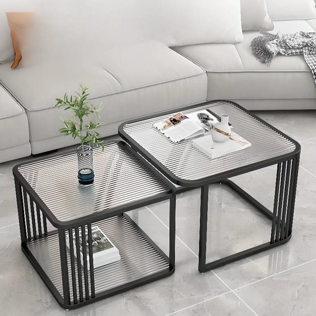 Small Glass Square Top White Metal Frame Coffee Table Image - 4